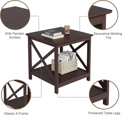 ChooChoo End Table, 24 Inch End Table with 2-Tier Storage Shelf, Side Table for Living Room, Wood Nightstand for Bedroom, Office, Painted Surface, Espresso