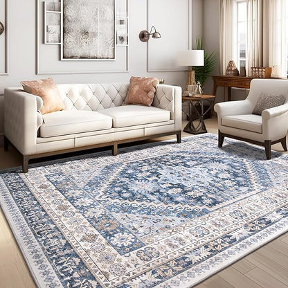 zesthome 7x9 Area Rug, Super Soft Washable Rugs for Living Room, Non-Slip Stain Resistant Vintage Rugs, Ultra-Thin Large Area Rugs (Blue/Beige,7'x9')