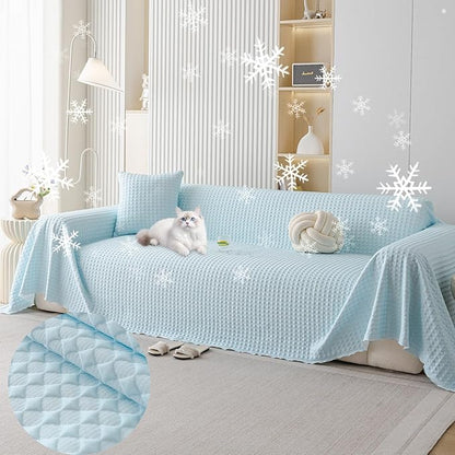 HANDONTIME Cooling Dog Couch Cover Ice Silk Washable & Breathable Pet Sofa Protector Durable Couch Covers for Sofa Pet Friendly Soft Dog Cooling Bed Cover Sofa Protector Covers (Baby Blue, 71"x134")