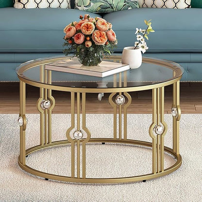OIOG Glass Coffee Table for Living Room, Gold Coffee Table with Tempered Glass, Round Coffee Table for Office