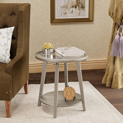 COSIEST 2-Tier End Table with Tempered Glass Top, Round MDF Side Table with Storage Shelf, Modern Wood Accent Table for Bedroom Living Room Home Office, Antique Silver