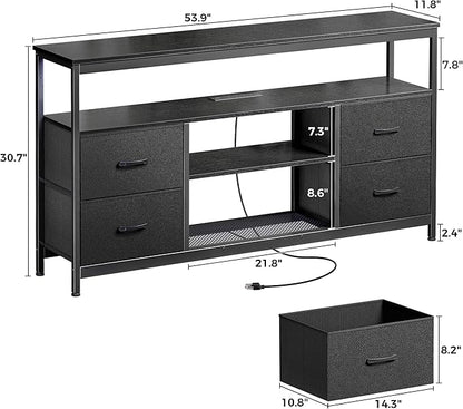 Huuger TV Stand Dresser with Power Outlets and LED Lights, 4 Drawers Entertainment Center with Shelf, 54 Inch Media Console for 55 60 Inch TV, 4 AC Outlets, 2 USBs, Dresser with PU Finish, Black