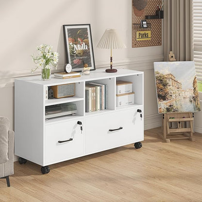2 Drawer Wood Mobile Large Lateral File Cabinet with Lock, Lockable Rolling Filing Cabinet with Storage Shelves, Printer Stand Office Storage for Home Office Fits Files Legal/A4,White