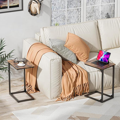 C-Shaped Side Table, C-Table for Sofa, Couch Table with Metal Frame, Large Surface Sofa Table for Living Room（Brown）