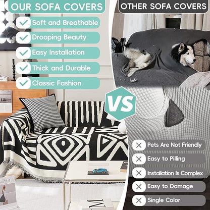 STACYPIK Reversible Boho Couch Cover Ivory Black Futon Armchair Slipcovecrs Anti-Slip Sofa Cover for Dogs Cats Geometric Triangle Couch Cover Versatile Furniture Protector for 2 Cushion Couch-71X90IN