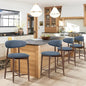 COLAMY Mid Century Modern Bar Stools Set of 4, Counter Height, Blue Fabric Upholstered Wooden Barstools with Back, 25 Inch
