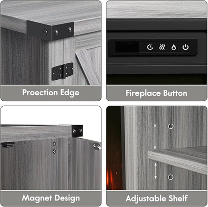 YESHOMY Fireplace TV Stand with Two Barn Doors and Storage Cabinets for Televisions up to 65+ Inch, Entertainment Center Console Table, Media Furniture for Living Room, 58 Inch, Gray Wash