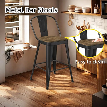Metal Bar Stools Set of 4, High Back Bar Stools with Wooden Seat, 24 inch Black Barstools for Kitchen Island