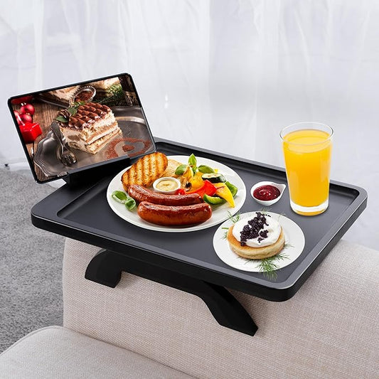 SINWANT Couch Armrest Table, Large Bamboo Couch Arm Table 360° Phone Holder,Foldable Sofa Arm Tray for Eating Drinking Snacks Remote on Chair Armrest