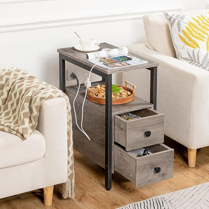 HOOBRO Set of 2 End Tables with Charging Station, Narrow Side Table with Drawers & USB Ports & Power Outlets, Nightstand for Small Spaces, Living Room, Stable, Greige and Black BG541BZP201