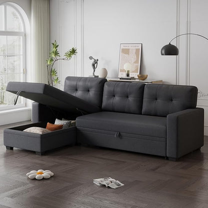 Ball & Cast Convertible Sectional Sleeper Sofa Bed L Shaped 4 in 1 Pull Out Couch with Reversible Storage Chaise & Removable Back Cushions,Sleeper Corner Pull Out Sofa Bed Couch for Living Room,Office