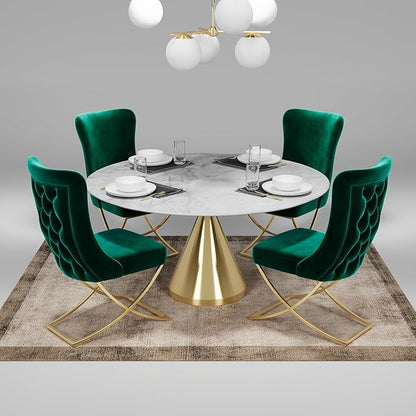 Ottomanson Royal Dining Chairs Set of 6 – Upholstered Tufted Microfiber, Assembled, Gold Metal Legs, Beech Wood Frame, 350 lb Capacity, Green