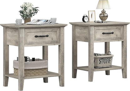IDEALHOUSE Grey Nightstands Set of 2, End Table with Drawer, Side Table for Spaces, 2 Tiers Storage Shelves with Dresser, Bedside Table for Living Room, Bedroom, Dorm (2pcs-Grey)