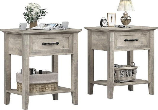 IDEALHOUSE Grey Nightstands Set of 2, End Table with Drawer, Side Table for Spaces, 2 Tiers Storage Shelves with Dresser, Bedside Table for Living Room, Bedroom, Dorm (2pcs-Grey)
