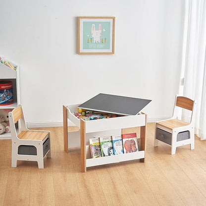 Asweets Kids Table and Chair Set,4 in 1 Toddler Desk with Storage Drawer,Wooden Activity Table for 2 in 1 Detachable Tabletop,Bookshelf,Suitable for Classroom,Home,Nursery,Playroom (Ivory White)