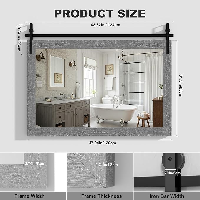 Hasipu Farmhouse Bathroom Mirror, 48"x32" Rustic Wood Framed Wall Mounted Mirror, Gray Vintage Vanity Mirror Barn Door Style Decrative Mirrors