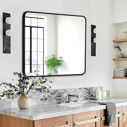 30x36 Inch Rectangle Bathroom Mirror with Black Metal Frame, Rounded Corner Rectangular Vanity Mirror for Wall, Modern Large for Bedroom, Living Room, Horizontal or Vertical