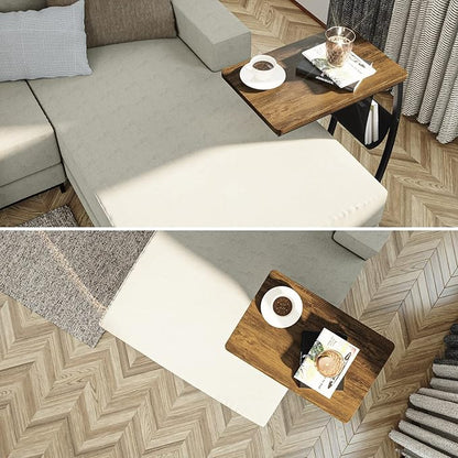 SRIWATANA Side Table End Table, Vintage C Shaped Couch Table with Side Pocket for Sofa Laptop Coffee Snack, Walnut
