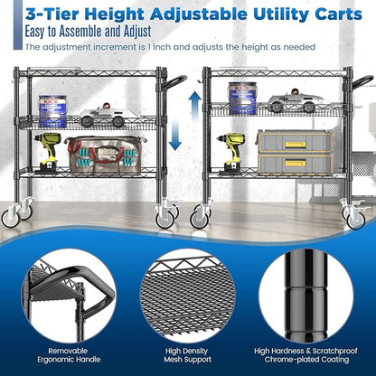 Leteuke 3 Tier Rolling Carts with Wheels,990Lbs Heavy Duty Rolling Utility Cart,NSF Commercial Grade Metal Cart with Handle&Shelf Liner,Trolley Serving Cart for Kitchen,Restaurant,Plant Display,Black