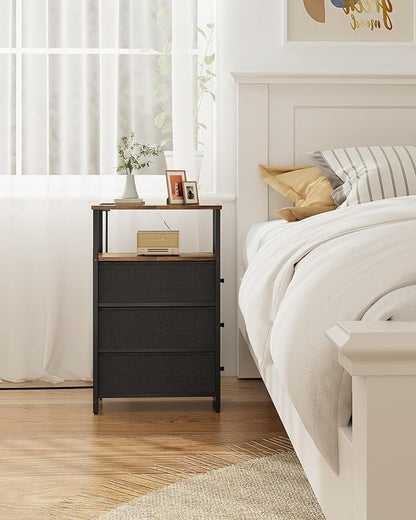 TUTOTAK Narrow Night Stand with Charging Station, Slim End Table with Plugins, Tall Side Table with 3 Fabric Drawer, Small Bedside Table with Storage, Living Room, Bedroom, Brown TB01BB086