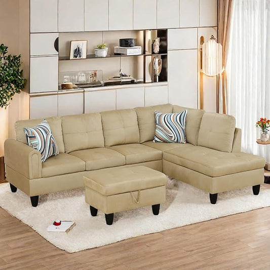 L Shaped Sectional Sofa with Ottoman, Modern Couches for Living Room, Microfiber Facing, Bedroom, Office