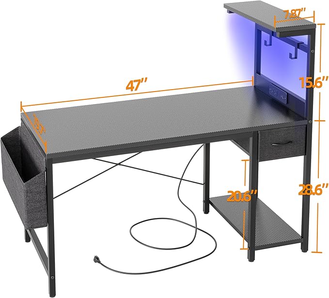 TIQLAB Gaming Desk 47 inch with Power Outlet and LED Light, Computer Desk with Reversible Shelves and Storage Drawer, Small PC Desk for Home Office Table with Bag, Carbon Fiber Black