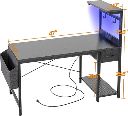 TIQLAB Gaming Desk 47 inch with Power Outlet and LED Light, Computer Desk with Reversible Shelves and Storage Drawer, Small PC Desk for Home Office Table with Bag, Carbon Fiber Black
