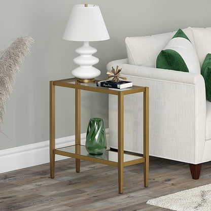 Henn&Hart 24" Wide Rectangular Side Table with Glass Shelf in Antique Brass, Table for Living Room, Bedroom