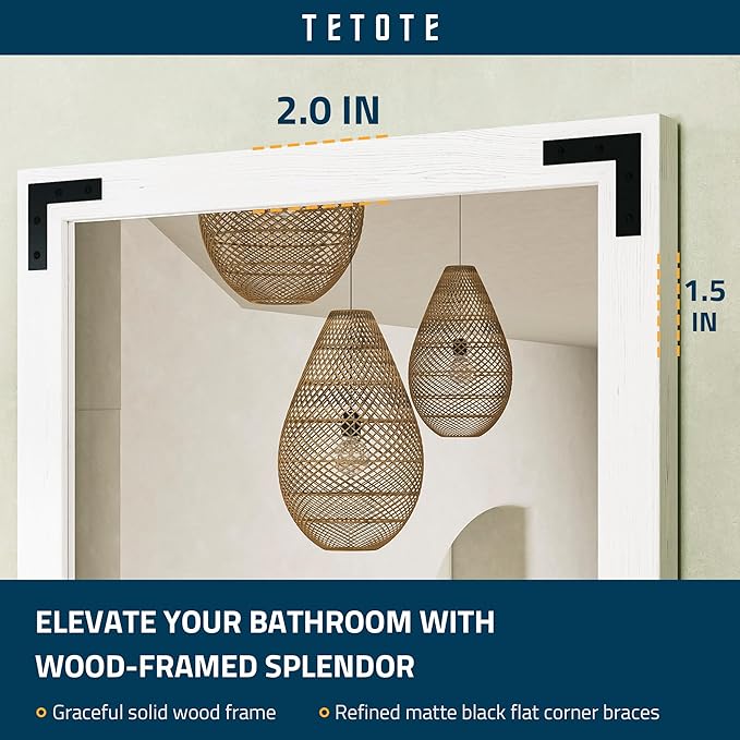 TETOTE 55 x 36 White Wood Mirror for Bathroom Wall/Bedroom/Living Room/Entryway Farmhouse Rustic Bathroom Vanity Mirror Waterproof (Horizontal/Vertical Mounted)