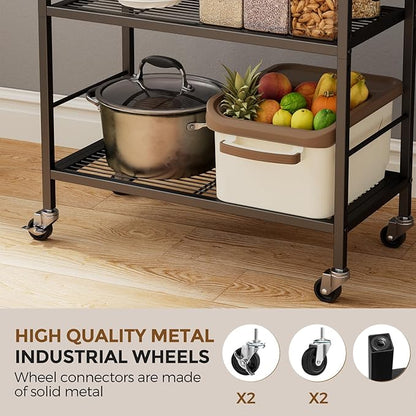 3-Tier Metal Storage Rack with Industrial Wheels,Mesh Shelving Unit with Wooden Table top,Adjustable Shelf,23.6-Inch Width,15.8-Inch Depth, for Kitchen, Laundry,Pantry,Plant,Black
