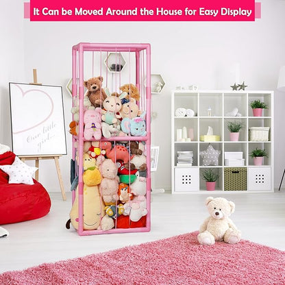 Stuffed Animal Zoo Storage Stuffed Animal Holder PVC Plush Storage Organizer Shelf with Elastic Band for Nursery Play Room Bedroom (Pink)