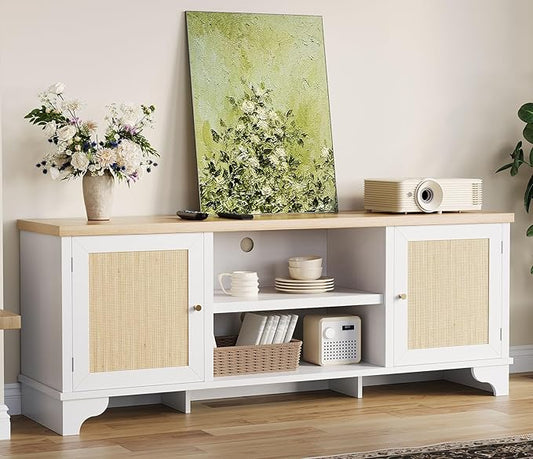 GarveeHome Rattan TV Stand for 70 Inch TV, Boho Entertainment Center with Cabinets & Open Shelves, Wooden Media Console Table for Living Room, White