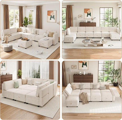 Modular Sectional 9-Seat Sofa, L Shaped Sectional Couch with Removable Storage Ottoman, Convertible Sleeper Sofa Suitable for Living Room, Bedroom, and Apartments, Beige