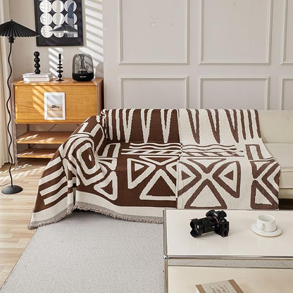 STACYPIK Reversible Boho Chocolate Sofa Cover Durable Couch Cover for 1 Cushion Couch Sofa Cover for Dogs Non Slip Jacquard Geometric Pet Armchair Cover with Tassels Sofa Protector Blanket-71X71IN
