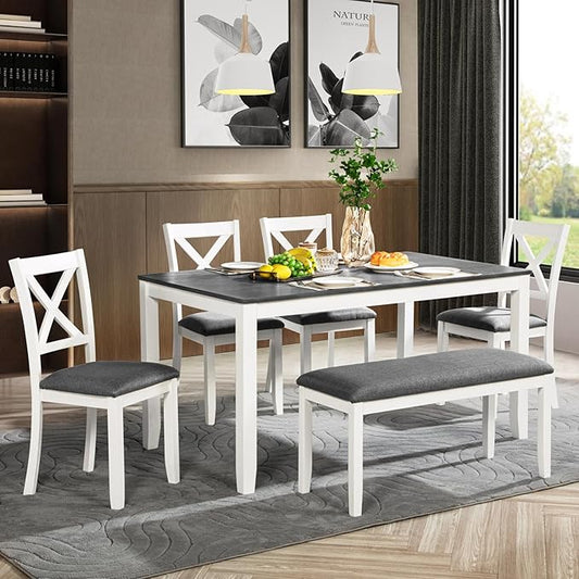 KEIKI 6-Piece Standard Height Dining Table Set with Rectangular Table, 4 Upholstered Chair, Bench, for 6 Person, Modern Style Wooden Table Set, Easy Assembly, for Kitchen, Dining Room, White+Gray