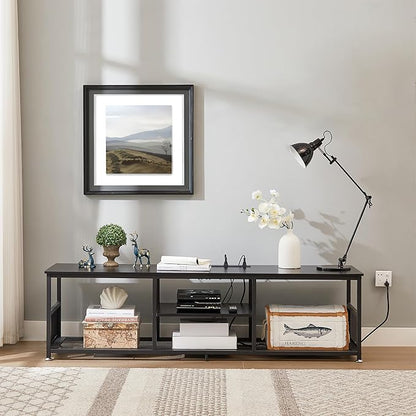 VECELO TV Stand with Power Outlets for Televisions up to 75Inch, 62" Media Entertainment Center with Charging Station 3-Tier Open Storage Shelves with Metal Frame for Living Room/Bedroom，Black