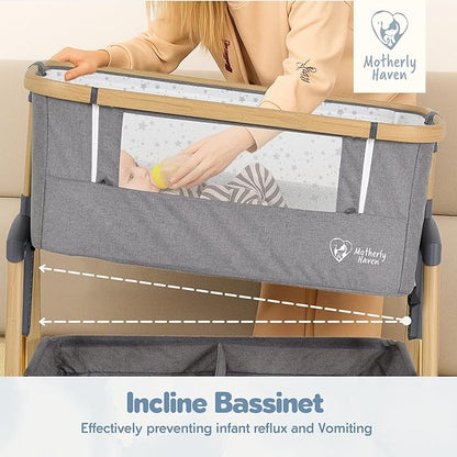 Baby Bassinet Bedside Sleeper, Portable Crib for Newborns, Adjustable 7-Height Auto-Lock, with Wheels, Soft Mattress & Breathable Mesh (Light Grey)