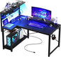 Homieasy Small Gaming Desk with Power Outlets Pegboard LED Light, 43 Inch L Shaped Computer Desk with Monitor Stand Storage Shelves, Reversible Corner Desk with Headset Hooks, Carbon Fiber Black