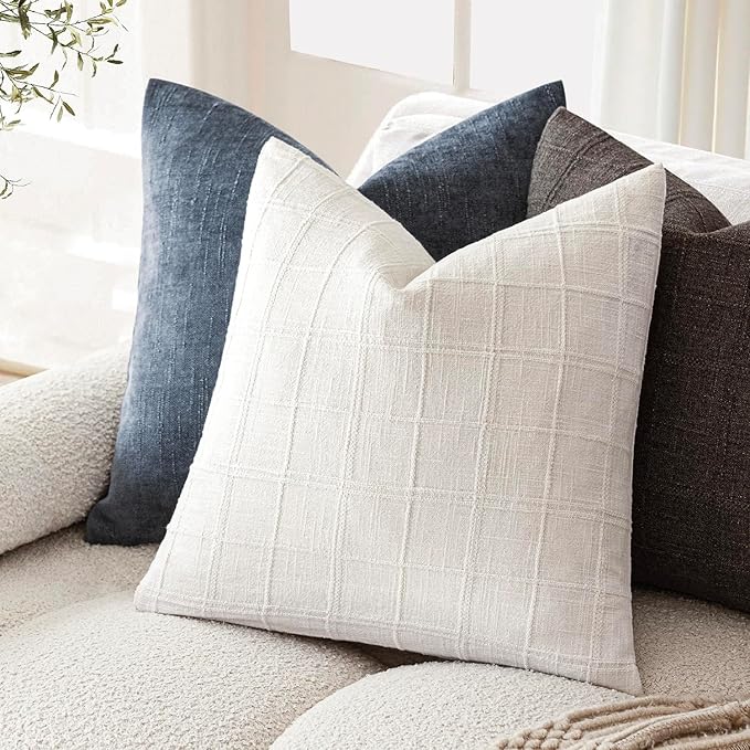 Foindtower Set of 2 Decorative Linen Check Throw Pillow Covers Neutral Farmhouse Vintage Cushion Covers Modern Boho Home Decor for Sofa Chair Couch Bedroom Living Room Outdoor,16×16 Inch,Cream White