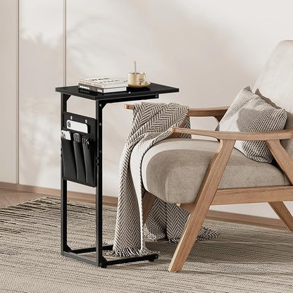 Vagusicc C Shaped End Table, Small Side Table for Couch, Couch Side Table Arm C Table for Sofa, TV Tray Slide Under Sofa Drink Table with Metal Frame for Living Room, Bedroom, Bedside, Black