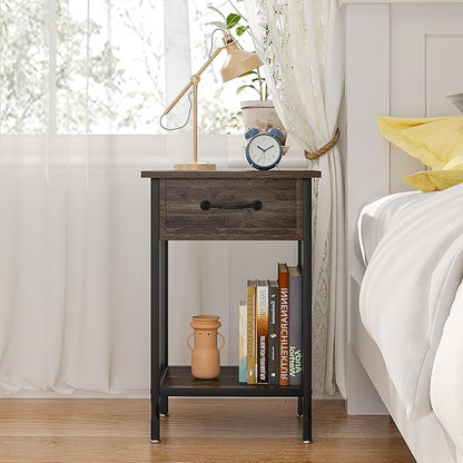 VECELO Nightstands Set of 2, Industrial Side Table/End Tables with Drawer and Storage Shelf, Night Stands for Bedroom, Living Room, Wood Metal Furniture, Easy Assembly