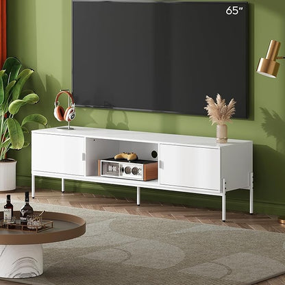 WLIVE Modern TV Stand for 65 Inch TV, Mid Century Entainment Center with Storage Cabinets, TV Console for Bedroom and Living Room, TV Cabinet with Metal Legs, White