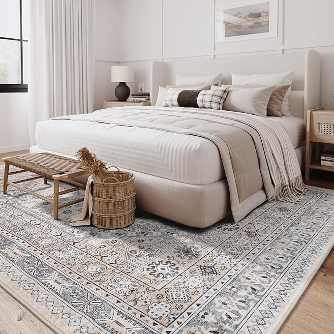 zesthome 7x9 Area Rug, Super Soft Washable Rugs for Living Room, Non-Slip Stain Resistant Vintage Rugs, Ultra-Thin Large Area Rugs (Beige,7'x9')