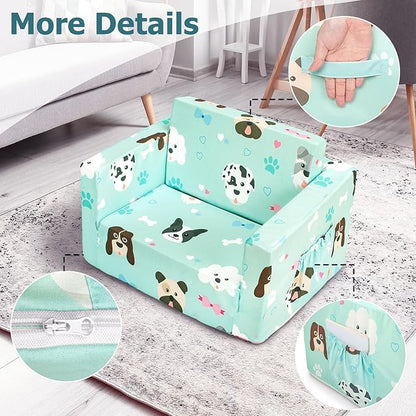 Kids Couch, 2-in-1 Kids Fold Out Sofa, Convertible Toddler Couch to Lounger for Girls and Boys, Soft Toddler Chairs Comfy 1-3 Years Old (Green Dog)