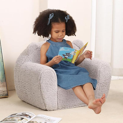 Kids Snuggly-Soft Sherpa Chair, Teddy Bear Cuddly Toddler Foam Chair for Boys and Girls, Grey