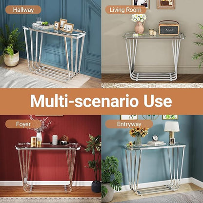 OIOG Glass Console Table for Entryway, Modern Entrance Table with Tempered Glass & Chrome Frame, Silver Sofa Table for Living Room Hallway