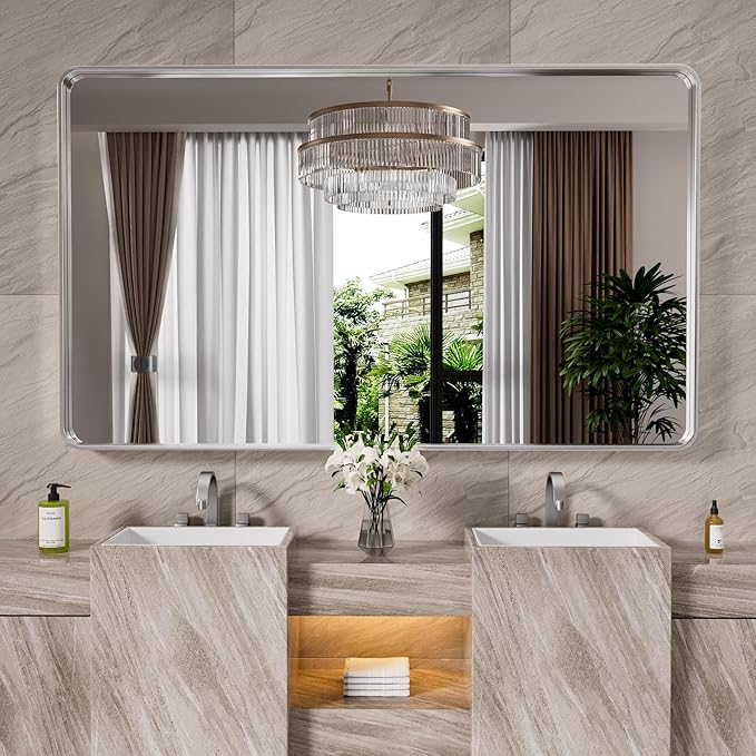 Brushed Nickel Bathroom Mirror 60x36 Inch, Brushed Silver Metal Frame Mirror Wall Mounted, Rounded Rectangle Bathroom Vanity Mirror, Tempered Glass, Anti-Rust, Horizontal/Vertical