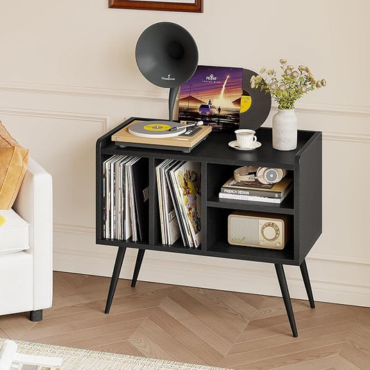 Record Player Stand with Vinyl Storage,Turntable Stand with Solid Wood Legs,Record Player Table Holds Up to 200 Albums,Vinyl Holder Storage Shelf for Bedroom Living Room,Black