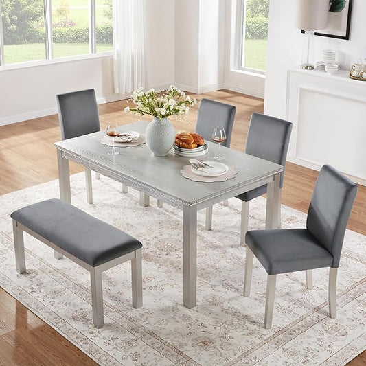 KEIKI 6-Piece Standard Height Dining Table Set with Rectangular Table, 4 Upholstered Chair, Bench, for 6 Person, Crystal Decoration Table Set, Easy Assembly, for Kitchen, Dining Room, Silver Grey