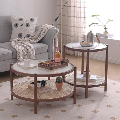 Tiita Rattan Coffee Table, Large Round End Table, 27.6 Inch Modern Side Table, Living Room Side Table, Glass Sofa End Table for Balcony and Office Outdoor/Indoor (Walnut)